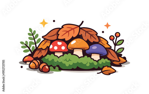 Hidden mushrooms under fallen leaves revealed as a few colorful caps peek through moss and forest plants in a quiet woodland corner. The scene captures the
