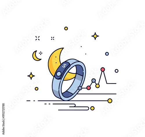 Sleep monitoring smart ring design centered on a ring resting beside a small crescent moon and subtle data graph line. The scene highlights nighttime tracking,