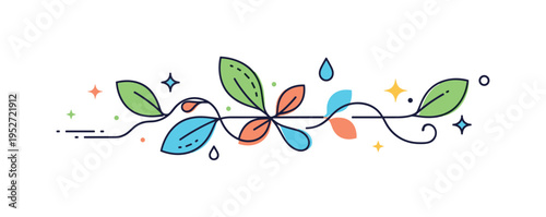 Organic flow graphic element depicted as a continuous curved line weaving through leaf and droplet shapes, expressing unity and natural movement. Small star