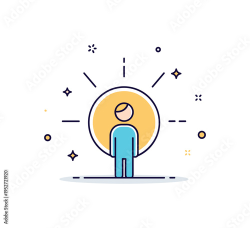 Inner light and confidence represented by a simple figure standing inside a glowing circle with subtle rays extending outward, symbolizing self belief and
