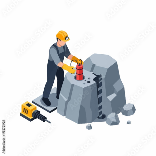 Isometric Miner Drilling Rock with Jackhammer.