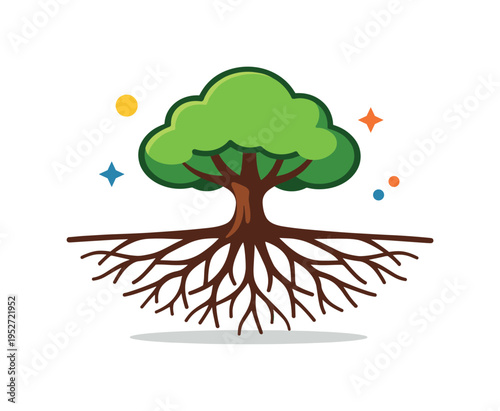 Tree stability concept showing strong underground roots spreading outward beneath a simple tree silhouette creating a visual metaphor of resilience and deep