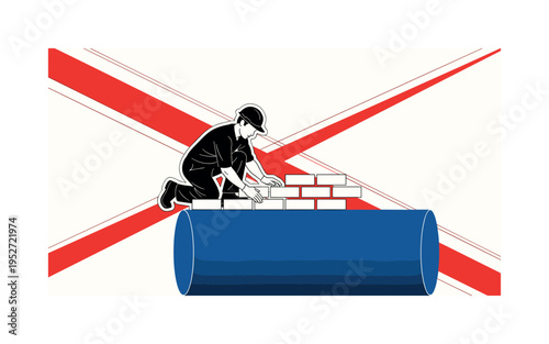 Black and white worker kneeling while laying bricks in clean geometric pattern, bright red diagonal stripe cutting across composition for dynamic motion, thin