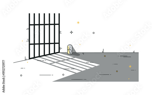 Prison bars casting long shadows across a bare concrete floor conveying loneliness and quiet despair within a confined space. A single dim light source