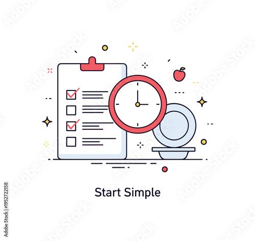 Intermittent fasting beginner guide concept with a simple checklist next to a clock and plate icon, symbolizing clear steps and approachable entry into time