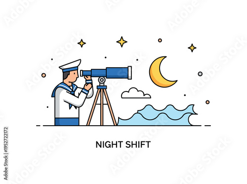 Sailor night watch duty scene featuring a figure beside a minimal telescope and crescent moon over calm waves, conveying vigilance and responsibility at sea.