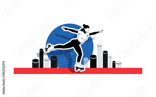 Black and white roller skater gliding sideways with flowing motion, bold cobalt blue circle spotlighting the skater, red horizontal stripe grounding the