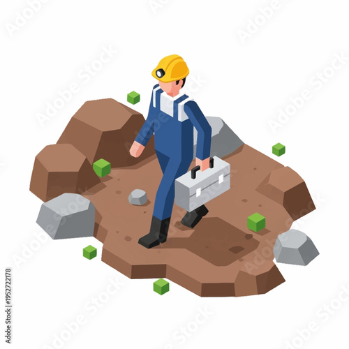Isometric Miner with Headlamp and Toolbox Walking on Rocky Terrain.