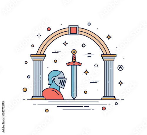 Epic destiny symbol knight and sword aligned within a circular temple arch forming a balanced composition of hero and relic. A striking concept illustration