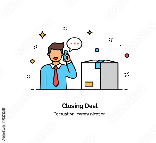 Sales call scenario featuring a figure speaking confidently on the phone beside a simple product box icon. A small ?Closing Deal? caption reinforces