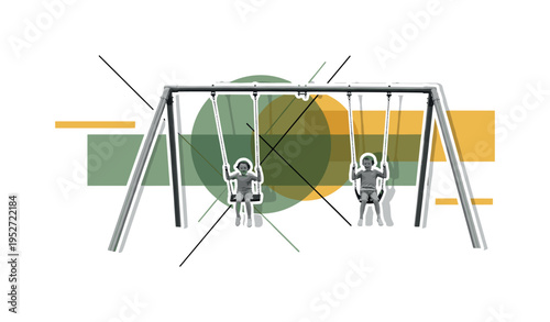 A monochrome swing set with a child mid-air, intersected by large flat circular shapes symbolizing motion and joy, abstract rectangular color blocks balancing