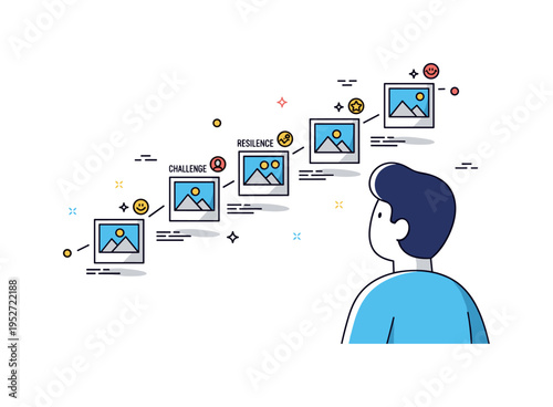 Personal growth timeline simplified character gazing at a curved line of floating photos arranged like milestones, each marked with tiny icons symbolizing joy,