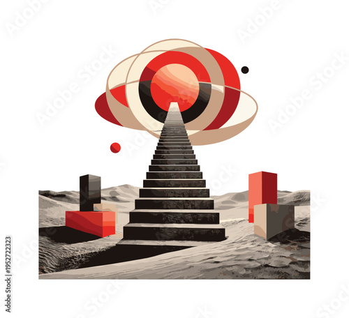 black and white vintage staircase rising from a desert landscape into a floating geometric sun, intersecting circles and abstract blocks forming surreal