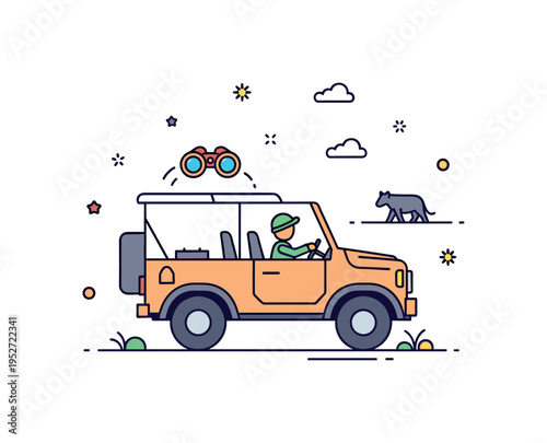 Wildlife safari vehicle illustrated by a rugged open top jeep with tiny binoculars icon and distant animal silhouette, symbolizing guided nature tours and