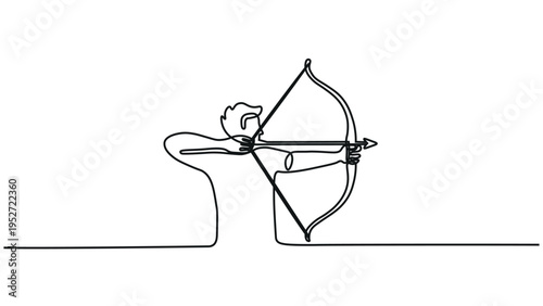A minimalist drawing of a person using a bow and arrow over a simple landscape