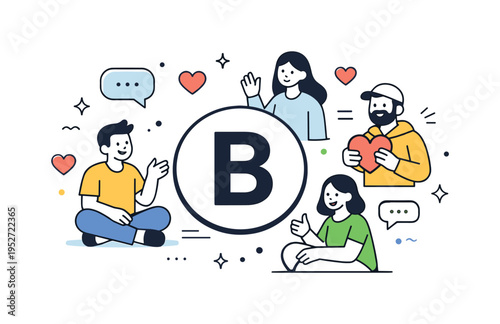 Brand community feeling. A small group of characters gathered around a central brand symbol with hearts and chat bubbles appearing around them, expressing