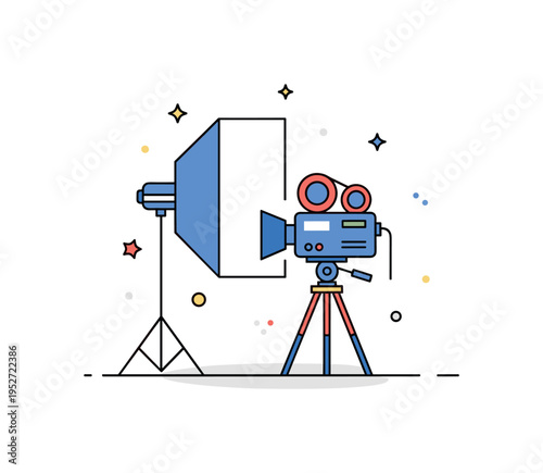 Cinematography setup illustrated by a professional camera on tripod paired with a softbox light and subtle sparkle accents to represent visual storytelling and