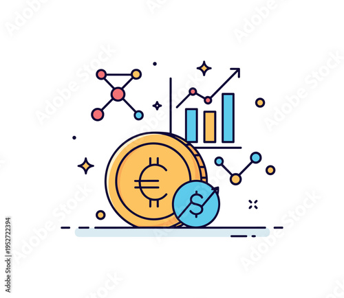 Digital currency decentralized finance concept illustrated by a coin symbol combined with small upward chart accent and network nodes, expressing investment