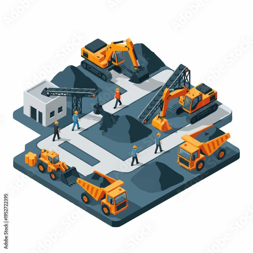 Isometric Mining Operation with Heavy Machinery and Workers.