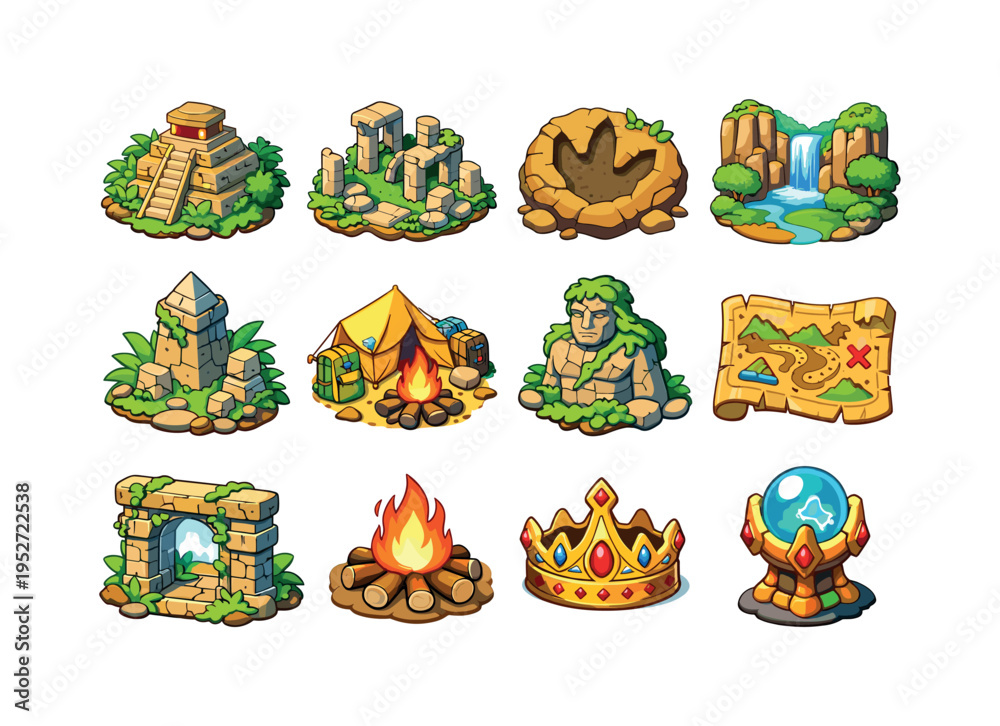 Fototapeta premium Lost world discovery. Colorful isometric vector icons set of Lost world discovery: hidden jungle temple, ancient city ruins, dinosaur footprint, secret valley,