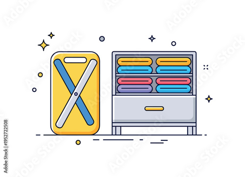 Closet organization improvement illustrated by a folding board tool positioned next to a tidy drawer filled with uniformly folded garments, representing order