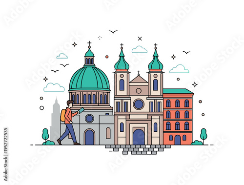 Exploring old town architecture depicted with a person walking past a simplified cathedral dome and historic facades, symbolizing travel, heritage
