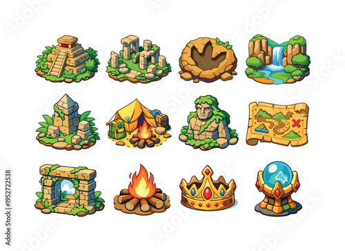 Lost world discovery. Colorful isometric vector icons set of Lost world discovery: hidden jungle temple, ancient city ruins, dinosaur footprint, secret valley,