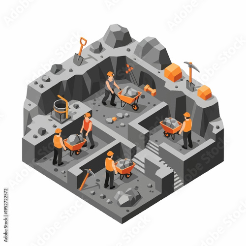 Isometric mining scene with workers extracting resources from a quarry.