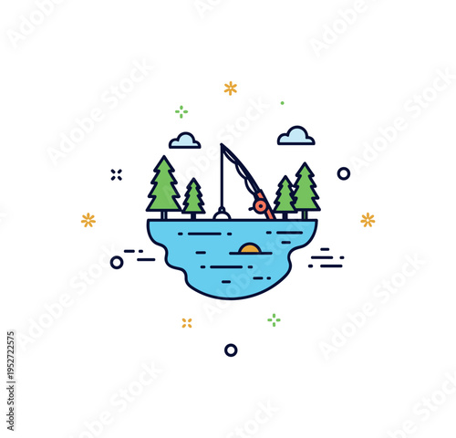 Nature escape fishing scene centered on a simple lake outline framed by trees and a small rod icon, symbolizing relaxation away from city life. The balanced