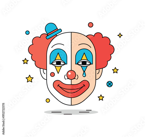 Classic clown makeup stylized face with symmetrical painted smile and tear detail, expressing the duality of humor and emotion in performance art. A thoughtful