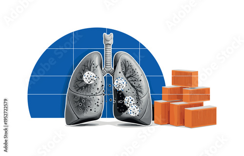Black and white lungs with microscopic particles being captured by small geometric nanostructures, oversized cobalt blue semicircle behind, orange rectangular