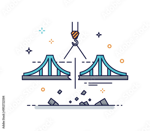 Bridge dismantling and infrastructure removal shown by a simplified bridge segment being lifted by a crane hook, with clean separation lines and small debris