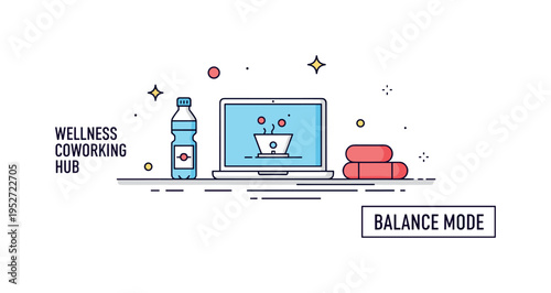 Wellness coworking hub illustrated by a simple open laptop beside a water bottle and yoga block on a clean terrace line. A subtle ?Balance Mode?