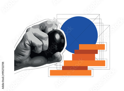 Black and white intense close-up of knuckles whitening while holding a plum firmly, bold cobalt blue sun disc behind the fruit, orange geometric blocks stacked
