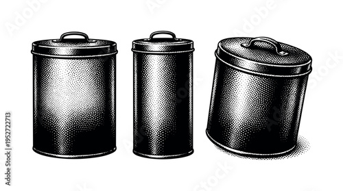 Metal food storage canister with lid shown in three views: front view, side view, and perspective view, highlighting the cylindrical form and lid edge detail.