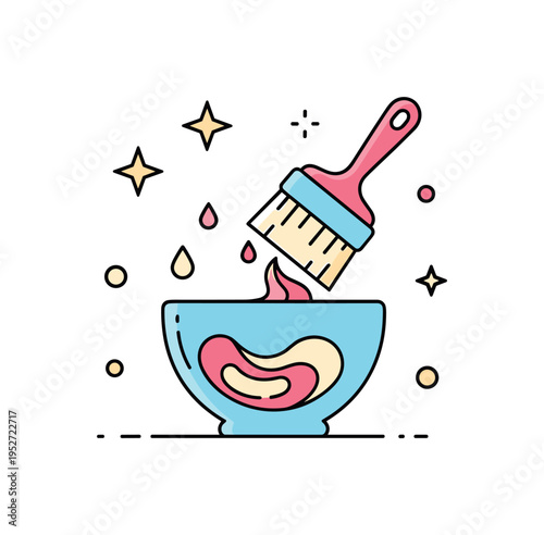 Color application tools tint brush and mixing bowl with smooth swirl of dye inside, subtle droplet accents indicating precision. A focused editorial icon about