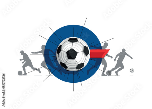 Black and white soccer ball centered with players blurred behind, large deep blue circular halo highlighting the ball, sharp red rectangular accent suggesting