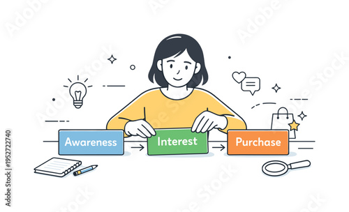 Customer Journey Mapping. A marketer arranging cards representing stages labeled ?Awareness?, ?Interest?, and ?Purchase?. Calm analytical process of organizing