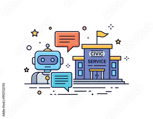 Automated public service portal represented by a chatbot icon paired with a civic building silhouette, expressing digital assistance and responsive governance.