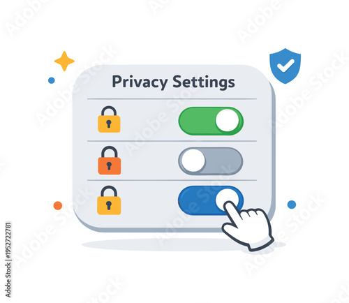 Privacy settings control a dashboard panel with toggle switches and lock icons being adjusted by a small hand cursor, illustrating the idea of managing