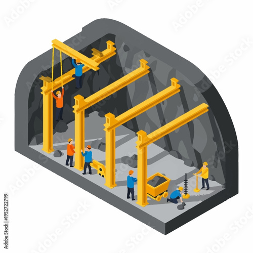 Isometric view of a tunnel construction site with workers and heavy machinery.