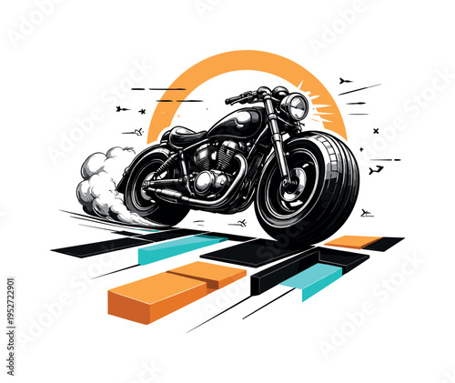 retro motorcycle with exaggerated wheels drifting above abstract geometric road shapes, black and white cut-out object, bold circular halo and rectangular