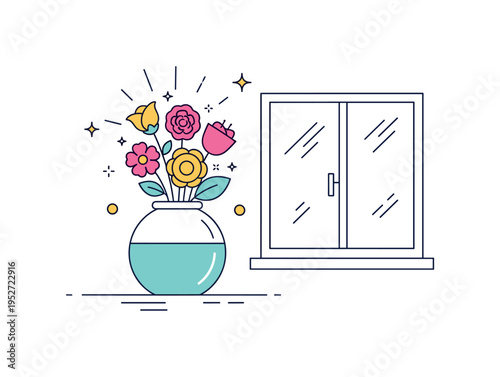 Fresh cut flowers on windowsill shown as a rounded vase placed near a simple window outline, expressing light, calm and everyday happiness. Soft sun rays and