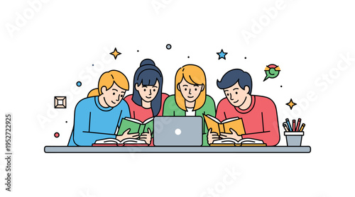 Student collaboration study table illustration capturing a group leaning inward over shared textbooks and a laptop screen, expressing focus and collective