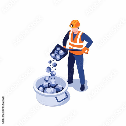 Isometric worker in hard hat and safety vest shoveling small spheres into a bucket.