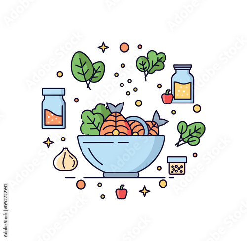 Healthy seafood dinner preparation showing a bowl with fish pieces, leafy greens, and light seasoning icons representing balanced nutrition and clean eating.