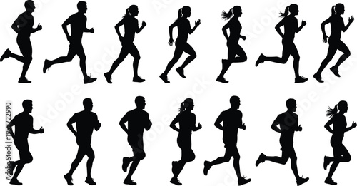 Running silhouettes of men and women in various jogging poses isolated on white background, fitness training, sport activity, motion, endurance, healthy lifestyle concept