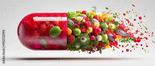 AI generator images of Multivitamins in capsule form. The concept is that the capsules contain nutrients from natural sources such as vegetables, fruits, and fish, signifying the consolidation of esse