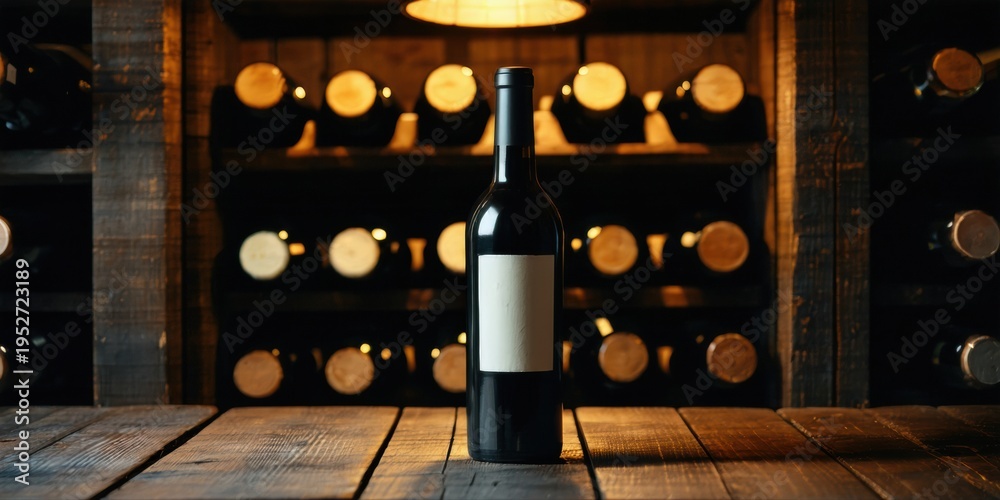 Fototapeta premium Dark wine cellar displays bottles. Single bottle stands out, illuminated. Rustic wooden shelves create warm ambiance.