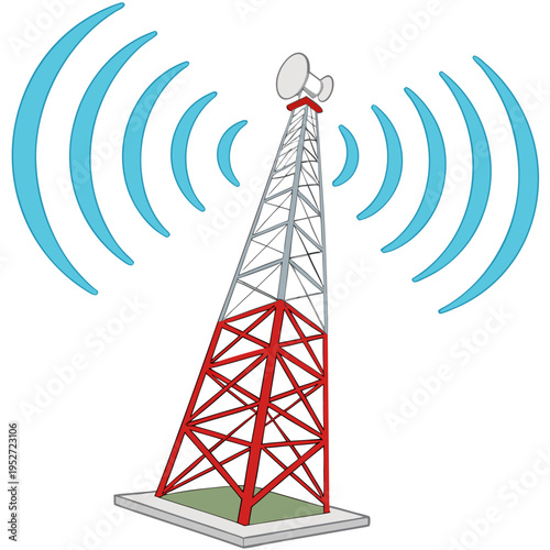 Fotografi A red and white communication tower with large antennas on top, emitting blue ci